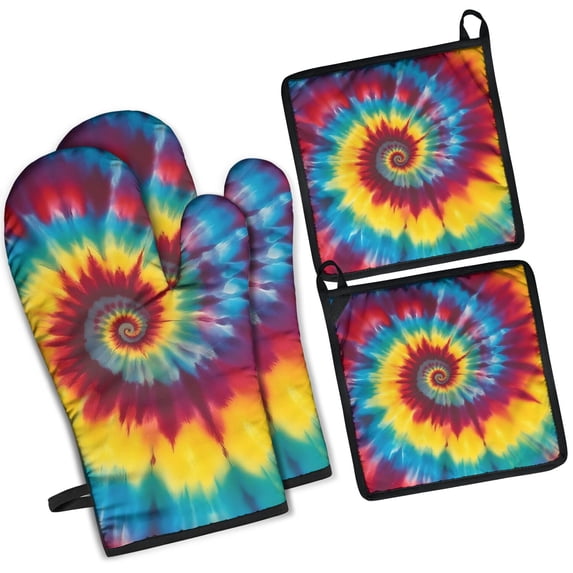 Colorful Rainbow Tie Dye Spiral Pattern Kitchen Oven Mitt and Pot Holder Sets 2 Pcs for Baking, Cooking and Grilling, Heat Resistant Up To 392 °F