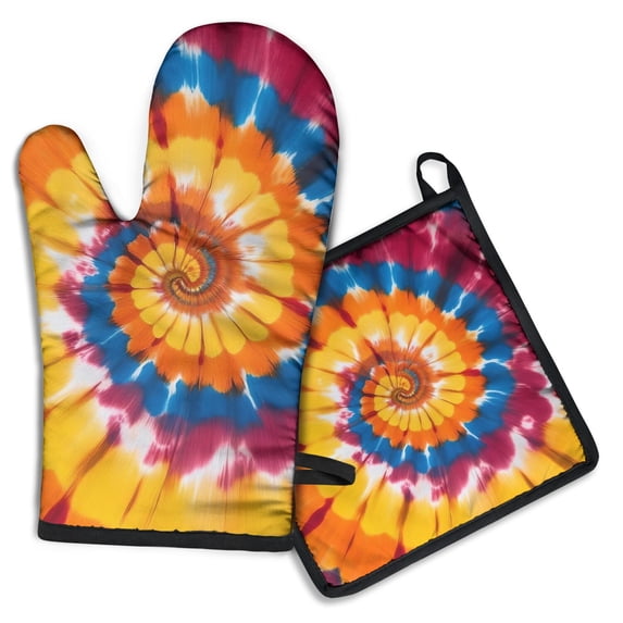 Colorful Rainbow Tie Dye Spiral Pattern Kitchen Oven Mitt and Pot Holder Sets 4 Pcs for Baking, Cooking and Grilling, Heat Resistant Up To 392 °F