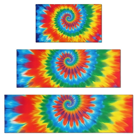 Colorful Rainbow Tie Dye Spiral Pattern Kitchen Rugs Sets Of 3,Kitchen Runner Rugs Non Skid Washable,Decorative Kitchen Floor Mats for Kitchen,Sink,Laundry,17"x30"+ 17"x47" + 17"x59"