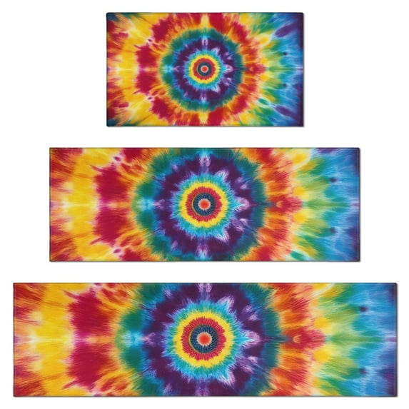 Colorful Rainbow Tie Dye Spiral Pattern Kitchen Rugs Sets Of 3,Kitchen Runner Rugs Non Skid Washable,Decorative Kitchen Floor Mats for Kitchen,Sink,Laundry,17"x30"+ 17"x47" + 17"x59"
