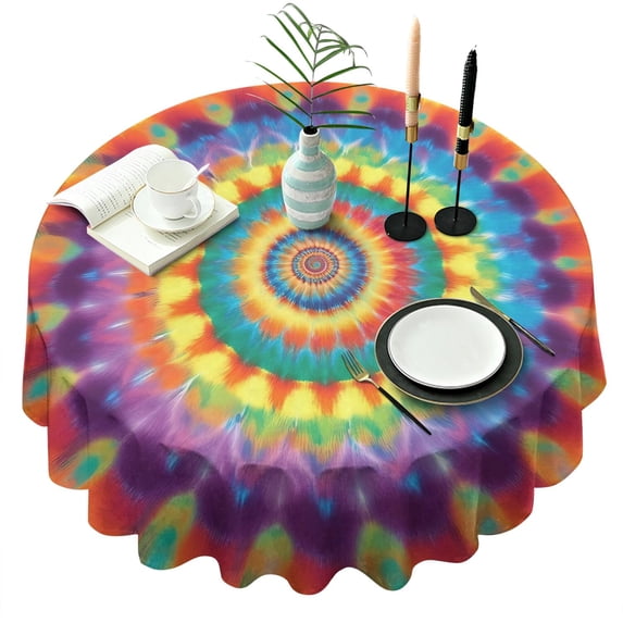 Colorful Rainbow Tie Dye Spiral Pattern Round Tablecloth 60"x60",Wrinkle Wipeable Table Cloth for Kitchen Dining Room Picnic Patio Party