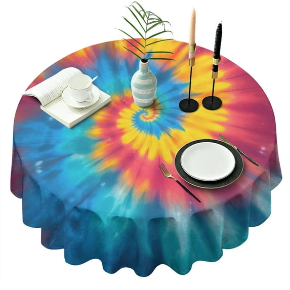 Colorful Rainbow Tie Dye Spiral Pattern Round Tablecloth 60"x60",Wrinkle Wipeable Table Cloth for Kitchen Dining Room Picnic Patio Party