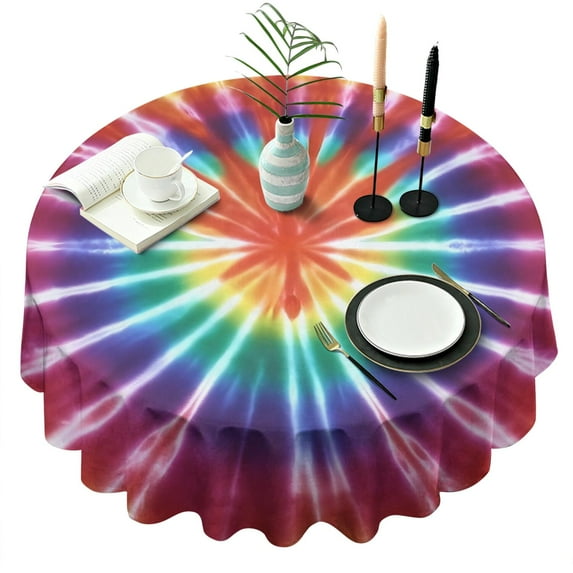 Colorful Rainbow Tie Dye Spiral Pattern Round Tablecloth 60"x60",Wrinkle Wipeable Table Cloth for Kitchen Dining Room Picnic Patio Party