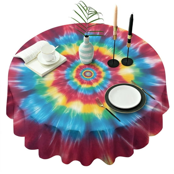 Colorful Rainbow Tie Dye Spiral Pattern Round Tablecloth 60"x60",Wrinkle Wipeable Table Cloth for Kitchen Dining Room Picnic Patio Party