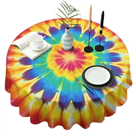 Colorful Rainbow Tie Dye Spiral Pattern Round Tablecloth 60"x60",Wrinkle Wipeable Table Cloth for Kitchen Dining Room Picnic Patio Party