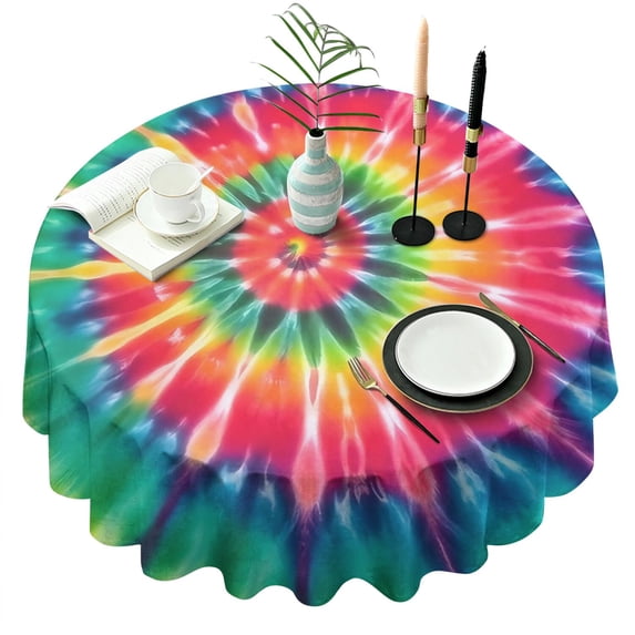Colorful Rainbow Tie Dye Spiral Pattern Round Tablecloth 60"x60",Wrinkle Wipeable Table Cloth for Kitchen Dining Room Picnic Patio Party