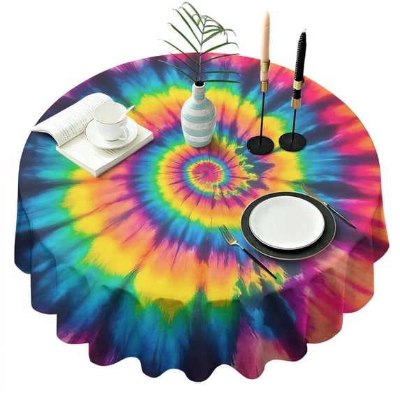 Colorful Rainbow Tie Dye Spiral Pattern Round Tablecloth 60"x60",Wrinkle Wipeable Table Cloth for Kitchen Dining Room Picnic Patio Party
