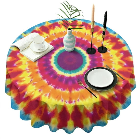 Colorful Rainbow Tie Dye Spiral Pattern Round Tablecloth 60"x60",Wrinkle Wipeable Table Cloth for Kitchen Dining Room Picnic Patio Party
