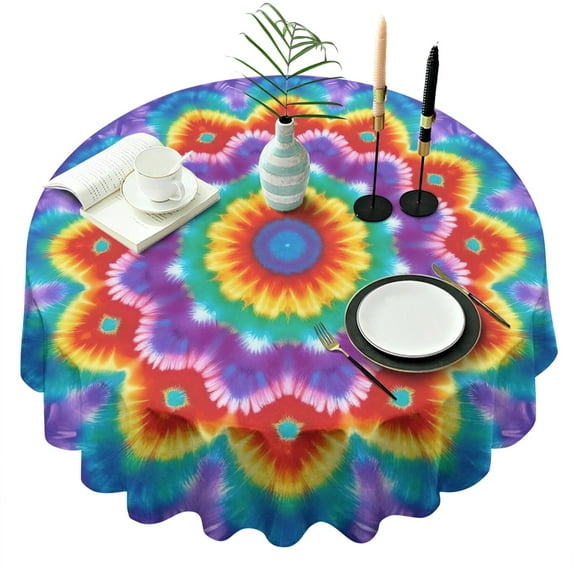 Colorful Rainbow Tie Dye Spiral Pattern Round Tablecloth 60"x60",Wrinkle Wipeable Table Cloth for Kitchen Dining Room Picnic Patio Party