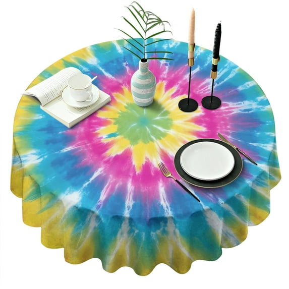 Colorful Rainbow Tie Dye Spiral Pattern Round Tablecloth 60"x60",Wrinkle Wipeable Table Cloth for Kitchen Dining Room Picnic Patio Party