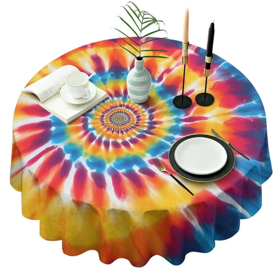 Colorful Rainbow Tie Dye Spiral Pattern Round Tablecloth 60"x60",Wrinkle Wipeable Table Cloth for Kitchen Dining Room Picnic Patio Party