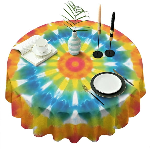 Colorful Rainbow Tie Dye Spiral Pattern Round Tablecloth 60"x60",Wrinkle Wipeable Table Cloth for Kitchen Dining Room Picnic Patio Party