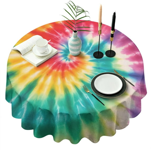 Colorful Rainbow Tie Dye Spiral Pattern Round Tablecloth 60"x60",Wrinkle Wipeable Table Cloth for Kitchen Dining Room Picnic Patio Party