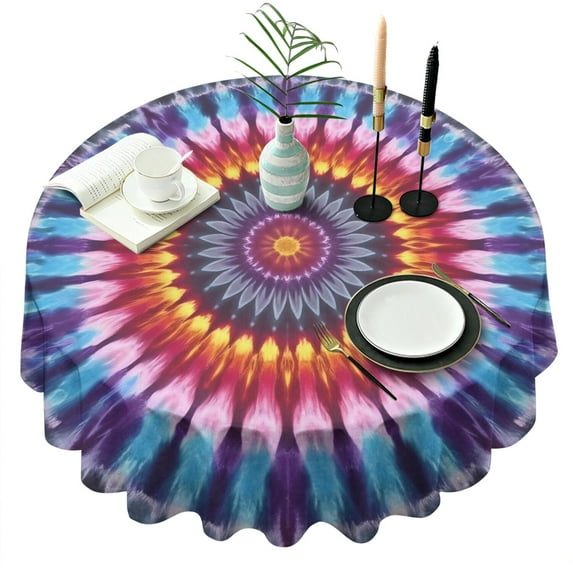 Colorful Rainbow Tie Dye Spiral Pattern Round Tablecloth 60"x60",Wrinkle Wipeable Table Cloth for Kitchen Dining Room Picnic Patio Party