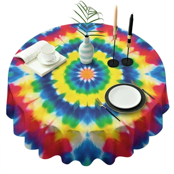 Colorful Rainbow Tie Dye Spiral Pattern Round Tablecloth 60"x60",Wrinkle Wipeable Table Cloth for Kitchen Dining Room Picnic Patio Party
