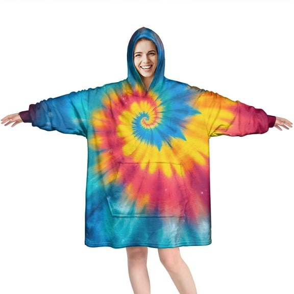Colorful Rainbow Tie Dye Spiral Pattern Wearable Oversized Blanket,Wearable Blanket Hoodie for Adults,Cozy Hooded Blankets with Super Pockets,Super Warm Fuzzy Pullover for Women & Men