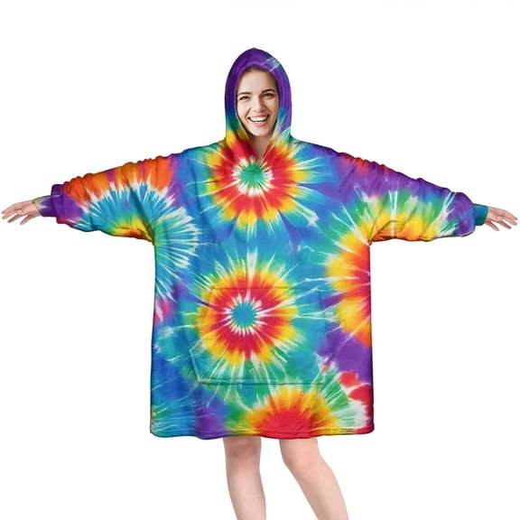 Colorful Rainbow Tie Dye Spiral Pattern Wearable Oversized Blanket,Wearable Blanket Hoodie for Adults,Cozy Hooded Blankets with Super Pockets,Super Warm Fuzzy Pullover for Women & Men