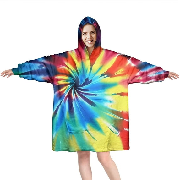 Colorful Rainbow Tie Dye Spiral Pattern Wearable Oversized Blanket,Wearable Blanket Hoodie for Adults,Cozy Hooded Blankets with Super Pockets,Super Warm Fuzzy Pullover for Women & Men
