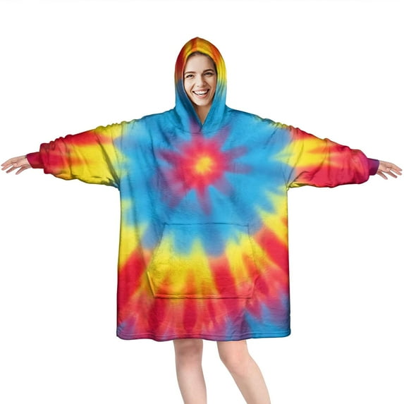 Colorful Rainbow Tie Dye Spiral Pattern Wearable Oversized Blanket,Wearable Blanket Hoodie for Adults,Cozy Hooded Blankets with Super Pockets,Super Warm Fuzzy Pullover for Women & Men