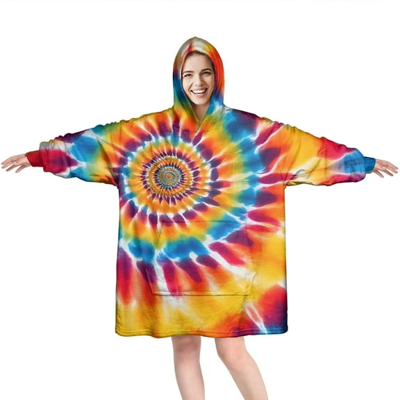Colorful Rainbow Tie Dye Spiral Pattern Wearable Oversized Blanket,Wearable Blanket Hoodie for Adults,Cozy Hooded Blankets with Super Pockets,Super Warm Fuzzy Pullover for Women & Men