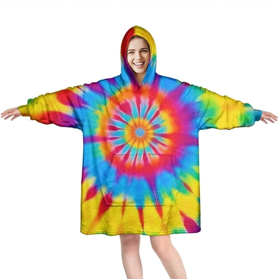Colorful Rainbow Tie Dye Spiral Pattern Wearable Oversized Blanket,Wearable Blanket Hoodie for Adults,Cozy Hooded Blankets with Super Pockets,Super Warm Fuzzy Pullover for Women & Men