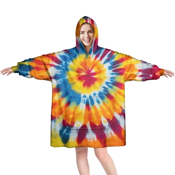 Colorful Rainbow Tie Dye Spiral Pattern Wearable Oversized Blanket,Wearable Blanket Hoodie for Adults,Cozy Hooded Blankets with Super Pockets,Super Warm Fuzzy Pullover for Women & Men