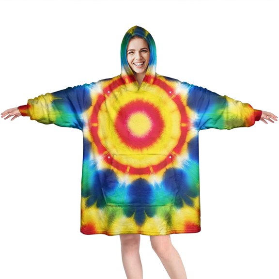 Colorful Rainbow Tie Dye Spiral Pattern Wearable Oversized Blanket,Wearable Blanket Hoodie for Adults,Cozy Hooded Blankets with Super Pockets,Super Warm Fuzzy Pullover for Women & Men