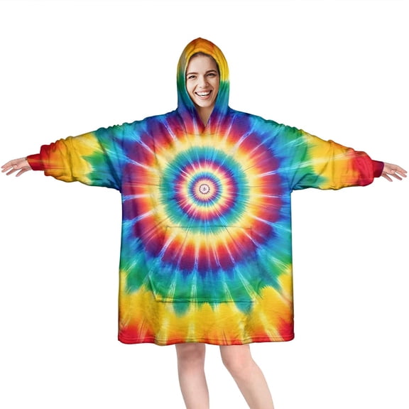 Colorful Rainbow Tie Dye Spiral Pattern Wearable Oversized Blanket,Wearable Blanket Hoodie for Adults,Cozy Hooded Blankets with Super Pockets,Super Warm Fuzzy Pullover for Women & Men