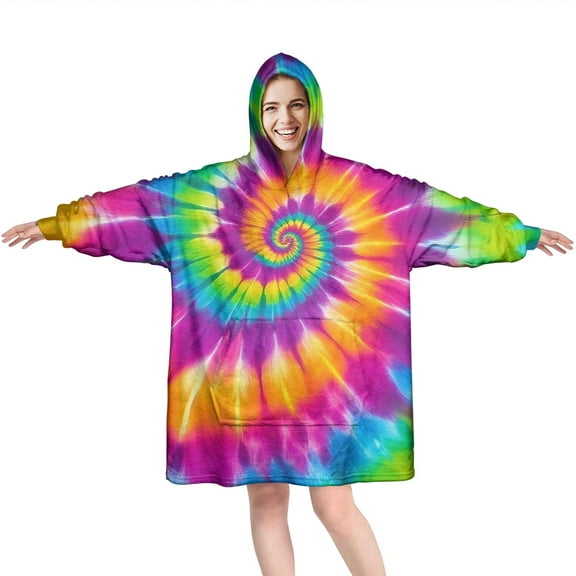 Colorful Rainbow Tie Dye Spiral Pattern Wearable Oversized Blanket,Wearable Blanket Hoodie for Adults,Cozy Hooded Blankets with Super Pockets,Super Warm Fuzzy Pullover for Women & Men