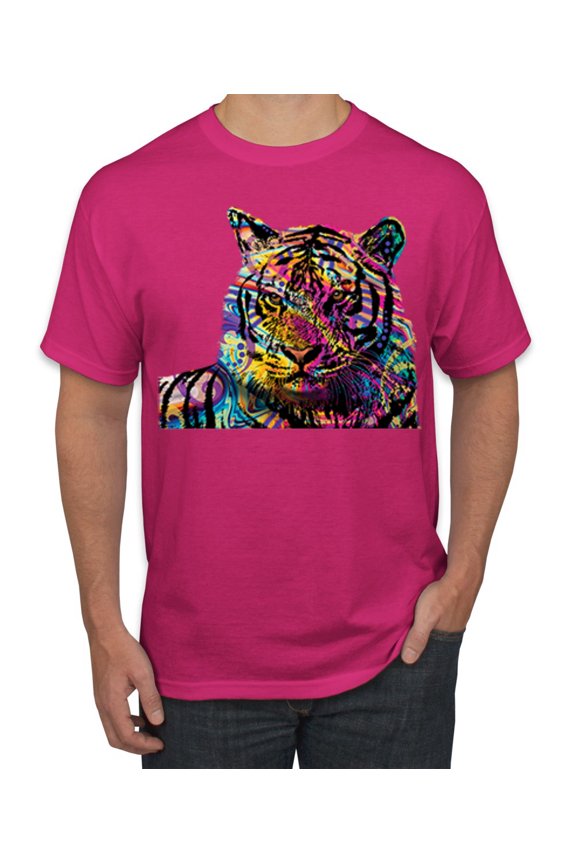 Colorful Rainbow Tiger Animal Lover Men's Graphic T-Shirt, Fuschia, 2XL