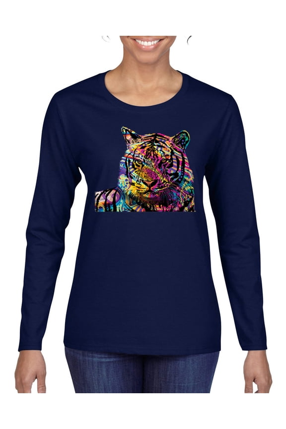 Colorful Rainbow Tiger Animal Lover Womens Graphic Long Sleeve T-Shirt, Navy, Large