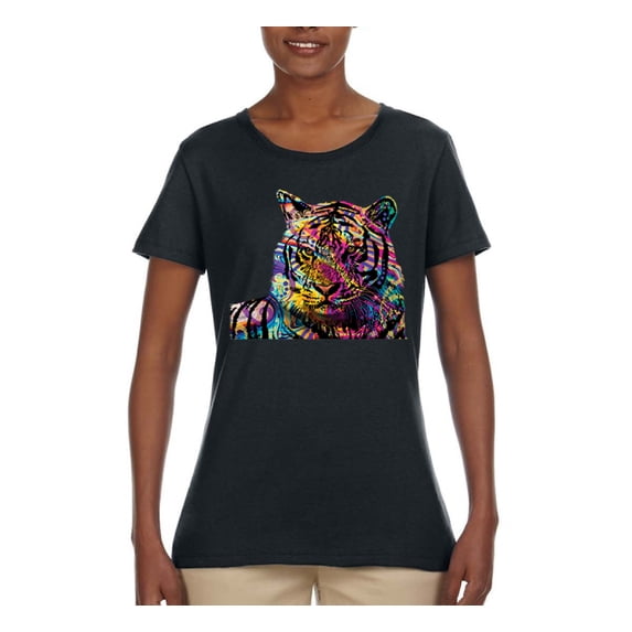 Colorful Rainbow Tiger Animal Lover Womens Graphic T-Shirt, Black, X-Large