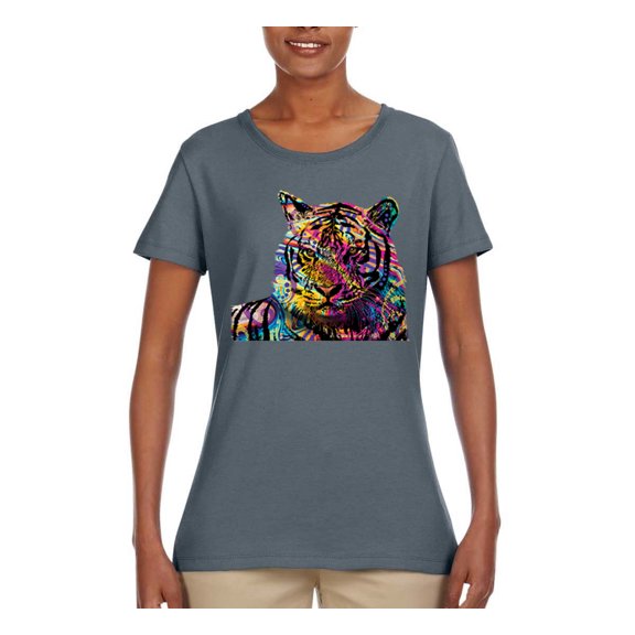 Colorful Rainbow Tiger Animal Lover Womens Graphic T-Shirt, Charcoal, 3XL