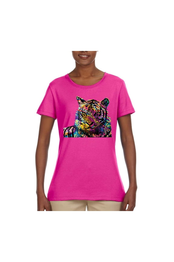 Colorful Rainbow Tiger Animal Lover Womens Graphic T-Shirt, Fuschia, Medium