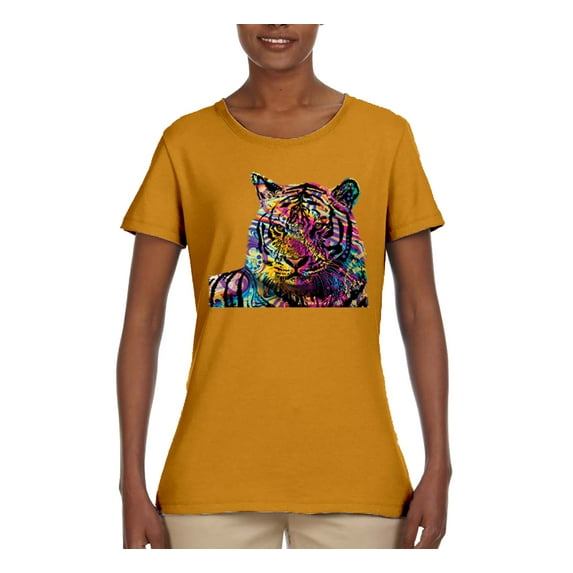 Colorful Rainbow Tiger Animal Lover Womens Graphic T-Shirt, Gold, 2XL