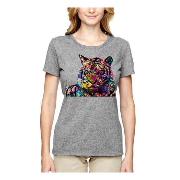 Colorful Rainbow Tiger Animal Lover Womens Graphic T-Shirt, Heather Grey, 3XL