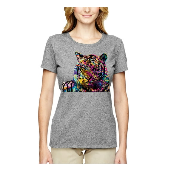 Colorful Rainbow Tiger Animal Lover Womens Graphic T-Shirt, Heather Grey, Small