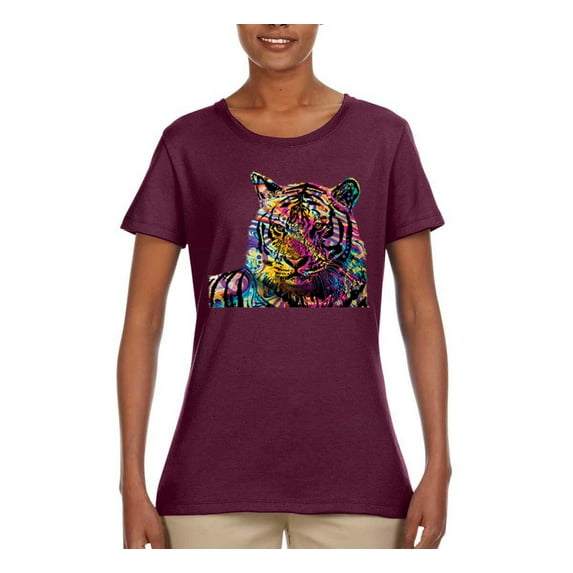 Colorful Rainbow Tiger Animal Lover Womens Graphic T-Shirt, Maroon, Small
