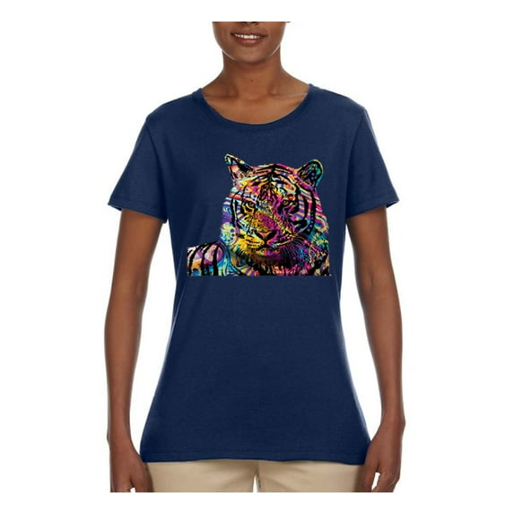 Colorful Rainbow Tiger Animal Lover Womens Graphic T-Shirt, Navy, Small