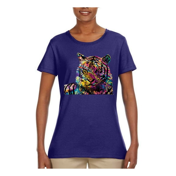 Colorful Rainbow Tiger Animal Lover Womens Graphic T-Shirt, Purple, Small