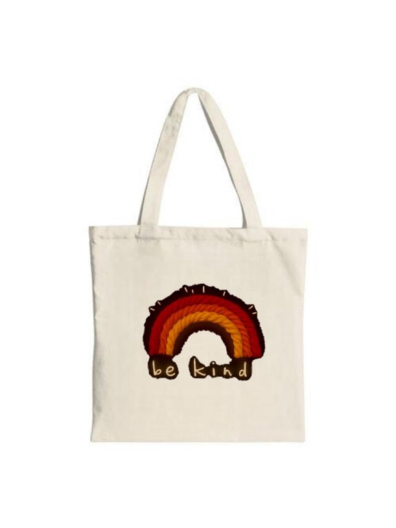 Colorful Rainbow Tote Bag - ' Be Kind ' in playful font warm gradient colors perfect for shopping travel and parties
