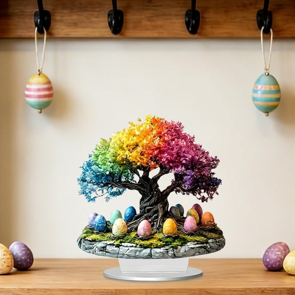 Colorful Rainbow Tree of Life with Easter Eggs Tabletop Decor, Acrylic Ornament for Spring Easter Home, Shelf, Mantel Decoration and Gift