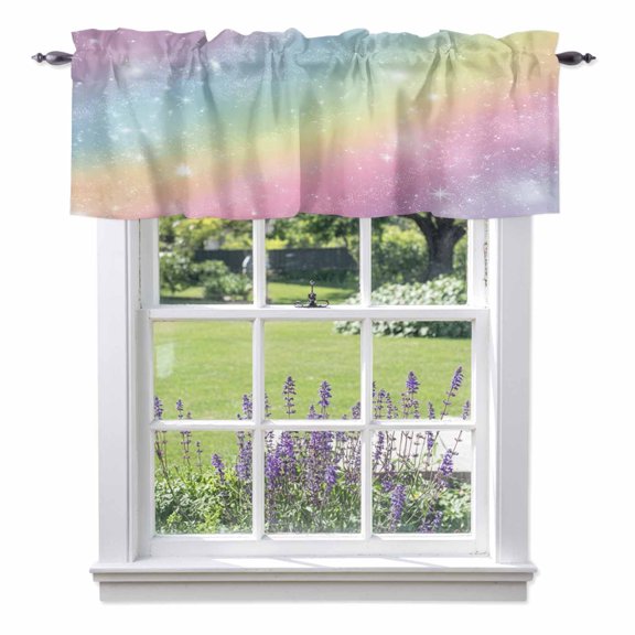 Colorful Rainbow Valance Curtain Modern Abstract Fantasy Gradient Rainbow Shining Star Window Valances Rod Pocket Short Curtains Window Treatments for Kitchen Bedroom Bathroom Laundry 60" x 18"
