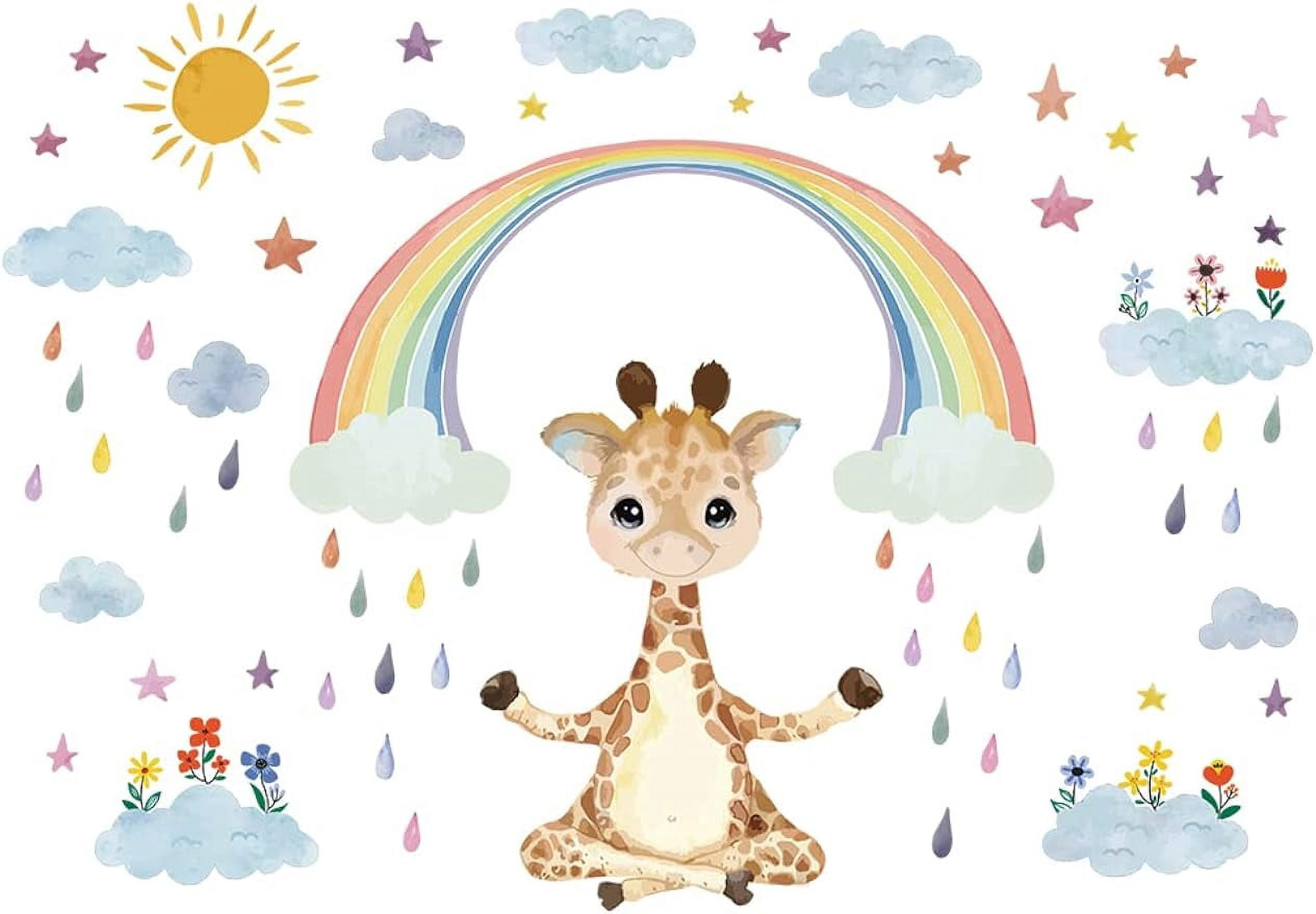 Colorful Rainbow Wall Decals Raindrops Wall Sticker Sun Animals Giraffe ...
