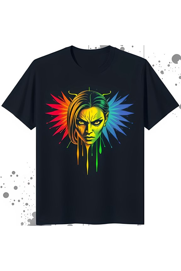 Colorful Rainbow Woman's Face Graphic Black T-Shirt with Drips Design