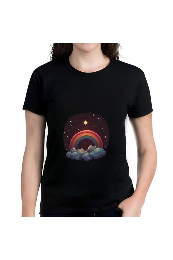 Colorful Rainbow and Fluffy Clouds Design Cotton Short Sleeve T-Shirt for Women - Serene Night Sky with Twinkling Stars