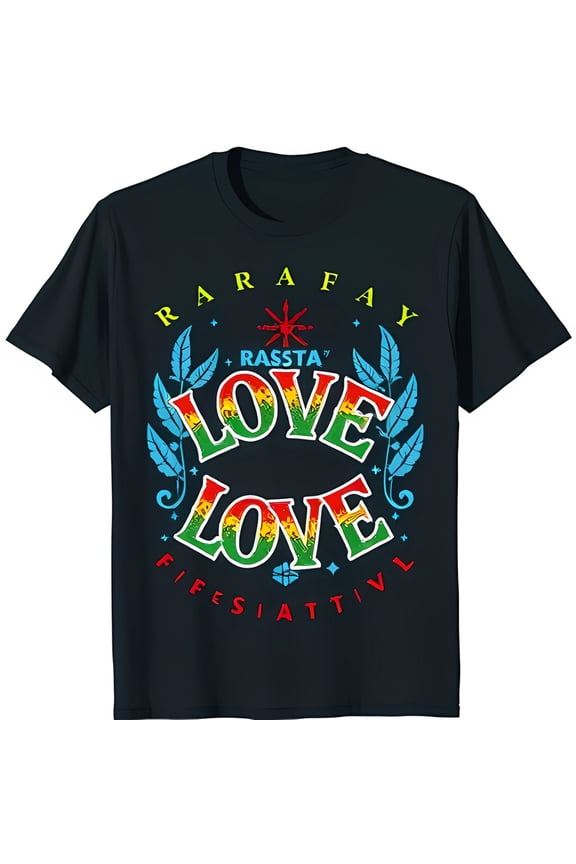 Colorful Rasta Love Design Blue T-Shirt with Leafy Vines & Star