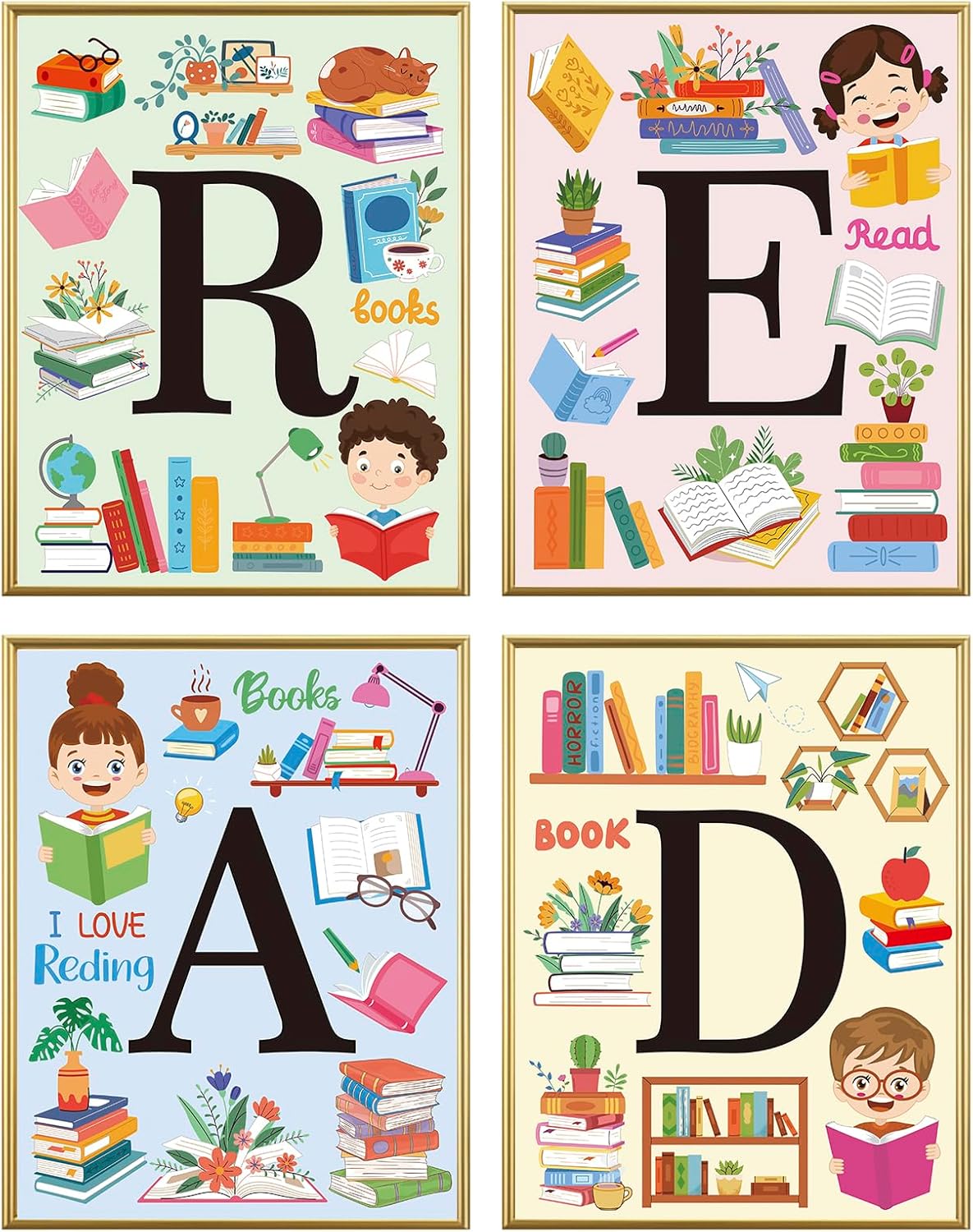 Colorful Reading Canvas Posters | Reading Corner Decor for Classroom | Reading Bulletin Board Sets For Library Reading Nook Decor | Elementary Classroom Must Haves 8x12 inch Unframed