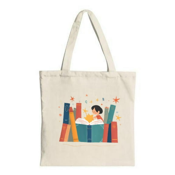 Colorful Reading Tote Bag - Cozy Book Illustration with Stars & Letters Perfect for Shopping Travel & Parties