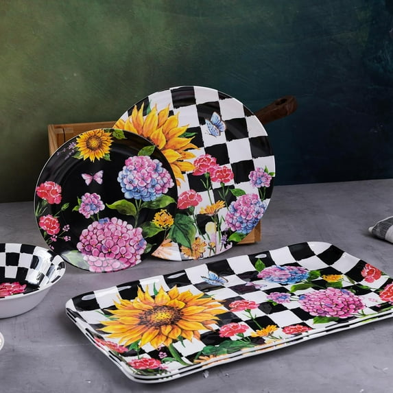 Colorful Rectangular Melamine Serving Trays for Indoor Outdoor Dining, 2-Piece Set